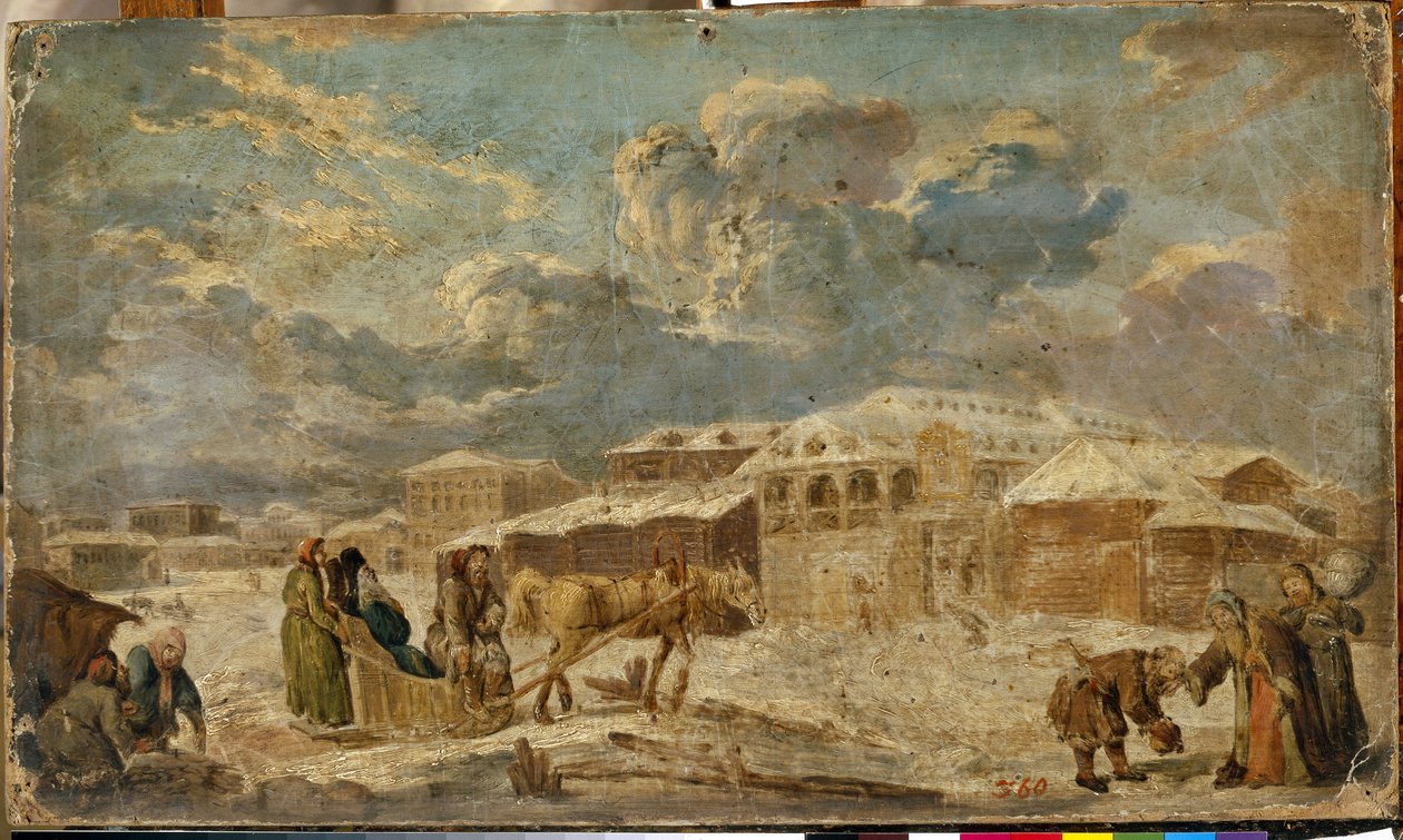 Rynek w zimie (Sankt Petersburg). Krajobraz miejski, z budynkami i drewnianymi domami. Obraz Karla Friedricha Knappe (1745-1808), olej na tekturze, II poł. sztuka niemiecka autorstwa Karl Friedrich Knappe