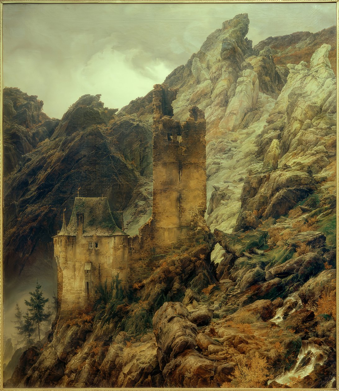 C.F.Lessing, skalisty krajobraz: wąwóz z ruinami autorstwa Carl Friedrich Lessing