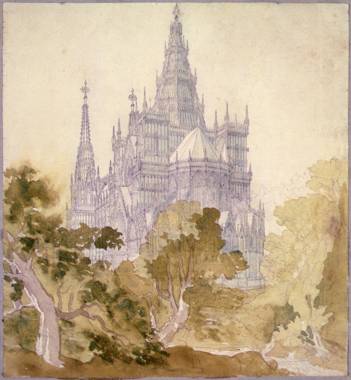 Zalesiony pejzaż z gotyckim kościołem (ołówek, tusz i akwarela) autorstwa Karl Friedrich Schinkel