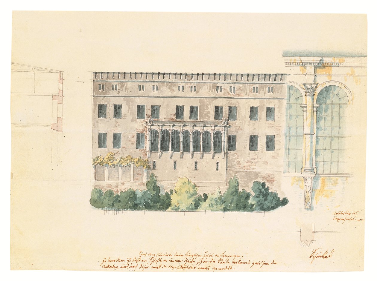 Projekt nowej klatki schodowej do elewacji północnej zamku w Szczecinie, z pomocniczym studium loggii, przekrojem fasady i zaangażowanym pilasterem, ok. 1840 r. (ołówek, długopis i atrament autorstwa Karl Friedrich Schinkel