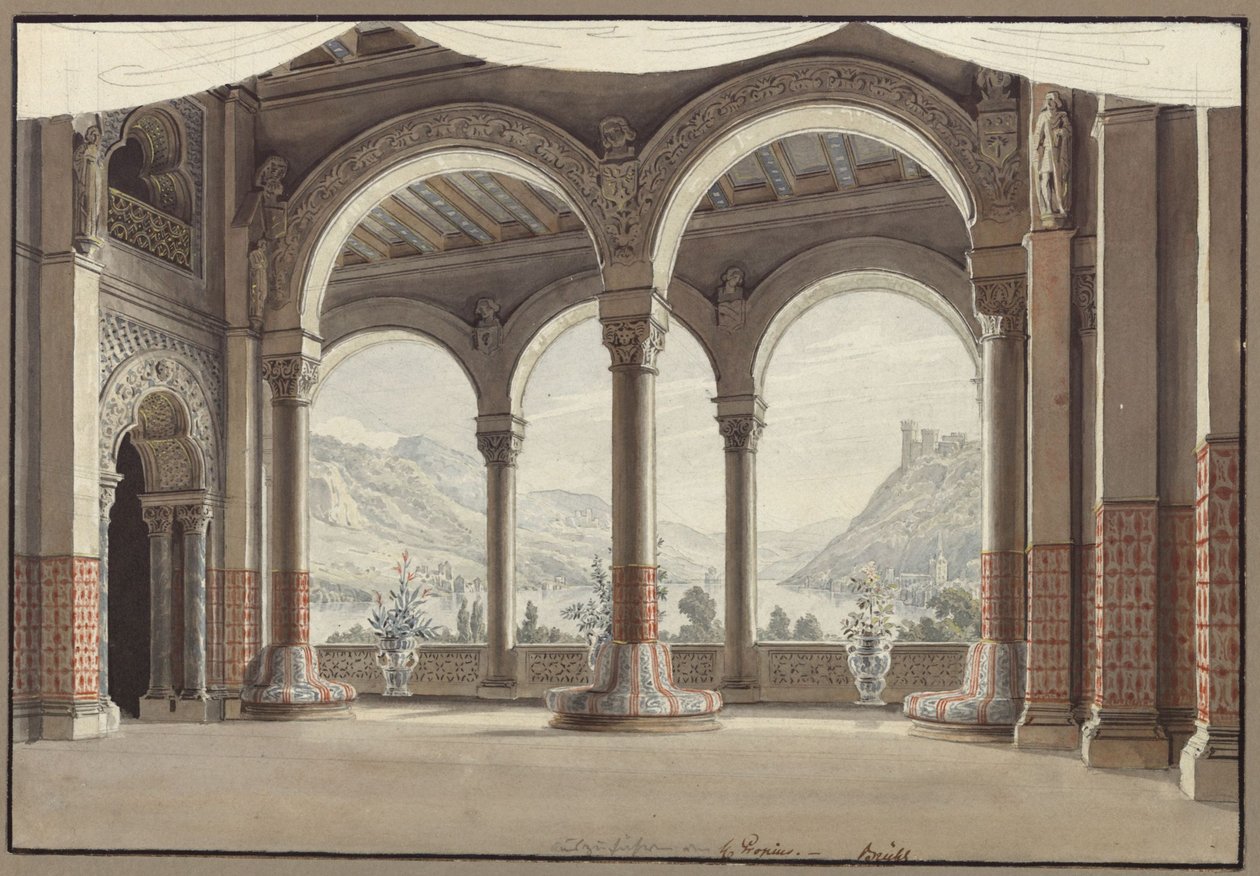 Agnes von Hohenstaufen. Opera Gasparego Spontiniego. Projekt drugiej scenografii. Otwarta sala autorstwa Karl Friedrich Schinkel