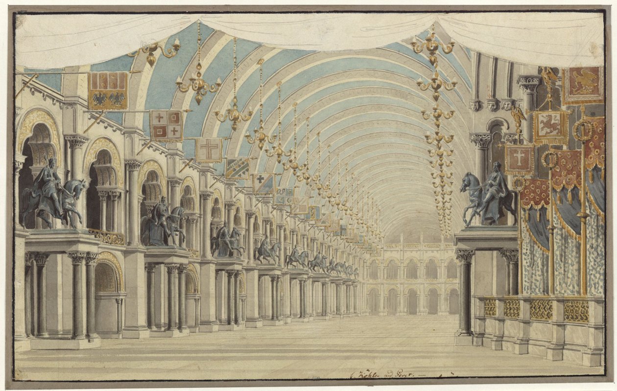 Agnieszka von Hohenstaufen. Opera Gasparego Spontiniego. Projekt 7. dekoracji. Sala bankietowa i balowa autorstwa Karl Friedrich Schinkel