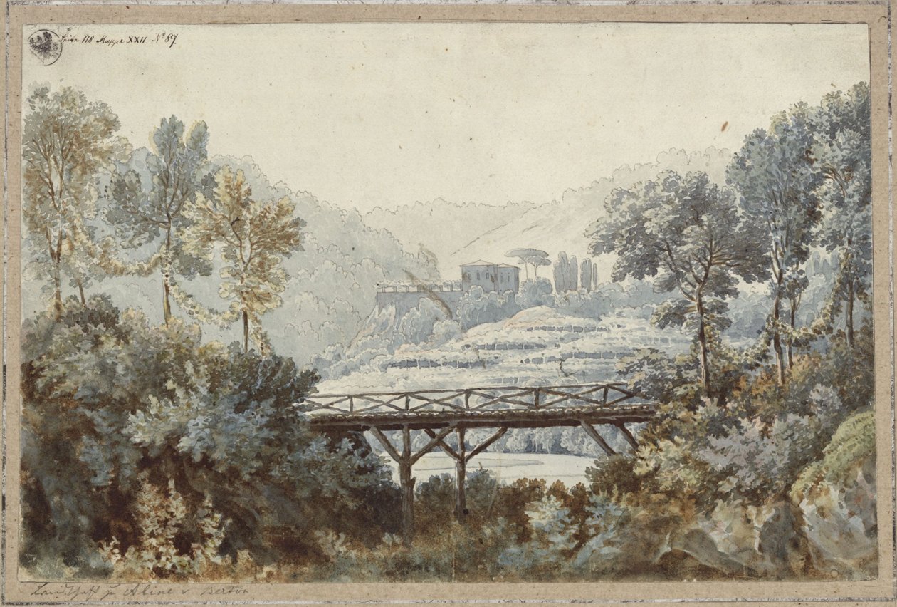 Aline, królowa Golkondy. Opera Henri-Montana Bertona. Projekt 2. dekoracji. Krajobraz z rzeką i mostem autorstwa Karl Friedrich Schinkel