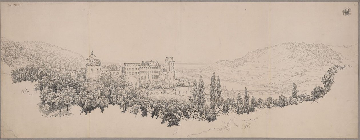Widok zamku w Heidelbergu z mostem na Neckarze i doliną Neckaru autorstwa Karl Friedrich Schinkel