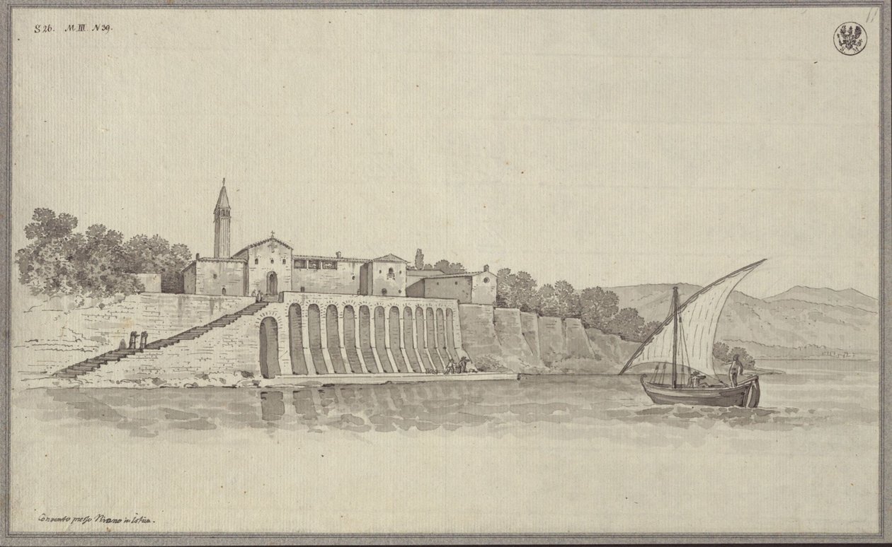 Widok na dawny klasztor franciszkanów św. Bernardyna położony między Portorożem a Piranem w Istrii, Słowenia autorstwa Karl Friedrich Schinkel