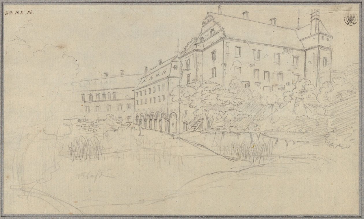 Widok zamku z renesansowymi szczytami w Śląsku lub Czechach autorstwa Karl Friedrich Schinkel