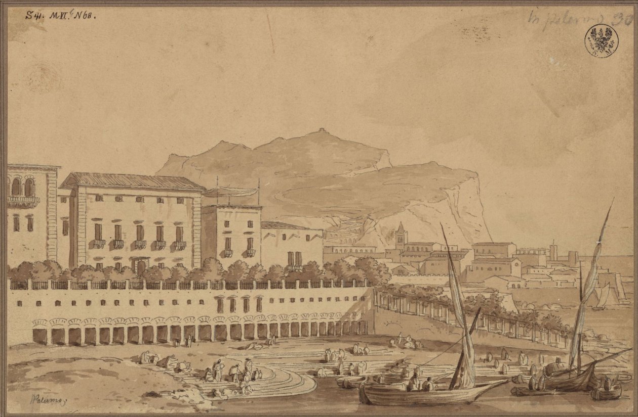 „Widok z balkonu mojego mieszkania w Palermo, mały port miejski, w oddali Monte Pellegrino” autorstwa Karl Friedrich Schinkel