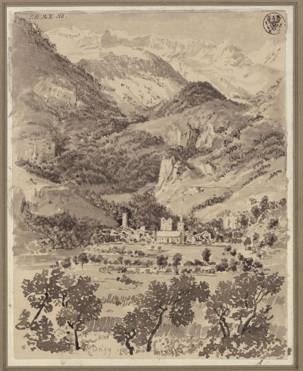 Widok Brigu i okolic w szwajcarskim kantonie Valais autorstwa Karl Friedrich Schinkel