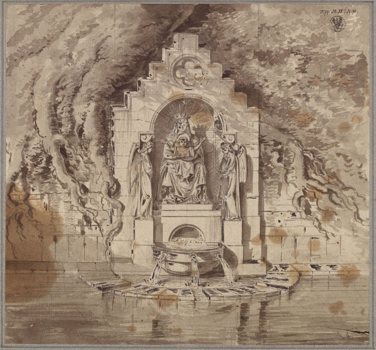 Architektoniczna obudowa źródła z rzeźbą Matki Boskiej i dwiema rzeźbami aniołów autorstwa Karl Friedrich Schinkel
