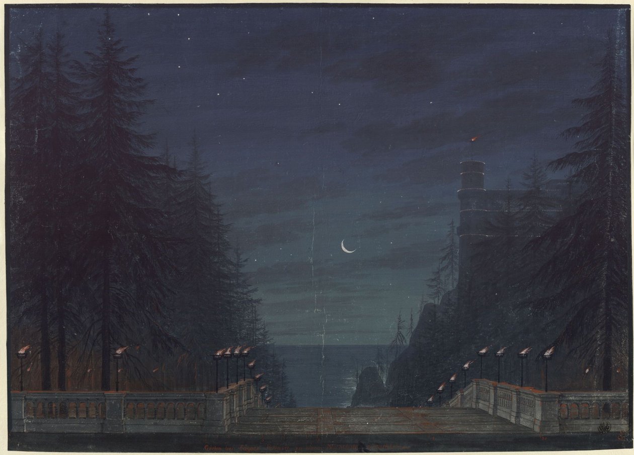 Ariodan. Opera Etienne’a Nicolasa Méhula. Projekt drugiej scenografii. Ogród przy pałacu Edgara autorstwa Karl Friedrich Schinkel