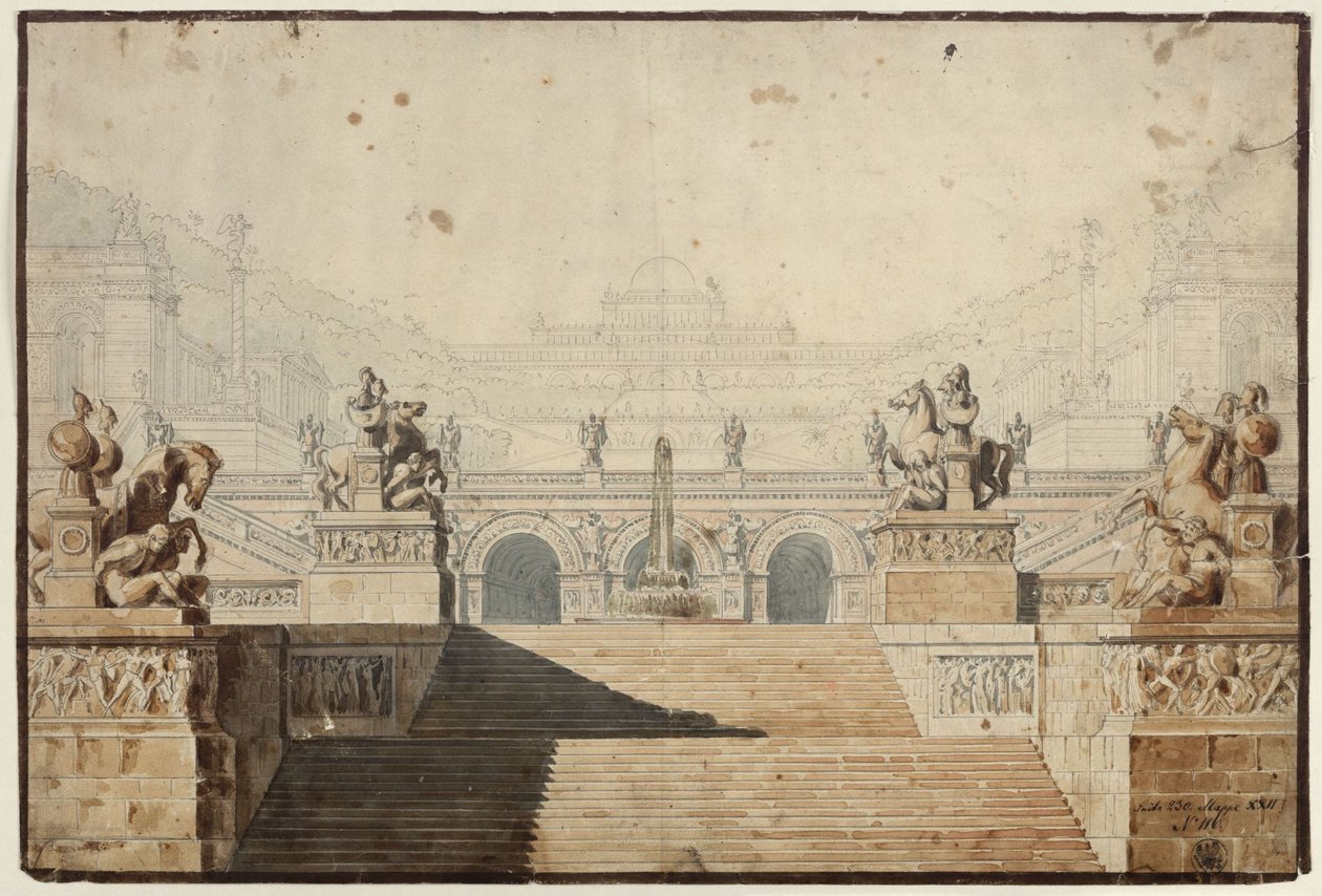 Armida. Opera Christopha Willibalda Glucka. Projekt do 1. dekoracji. Pałac z zespołem schodów autorstwa Karl Friedrich Schinkel