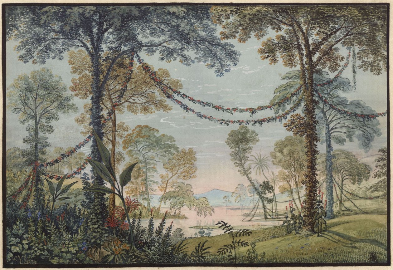 Armida. Opera Christopha Willibalda Glucka. Projekt 3. dekoracji. Gaj ozdobiony girlandami nad brzegiem jeziora autorstwa Karl Friedrich Schinkel