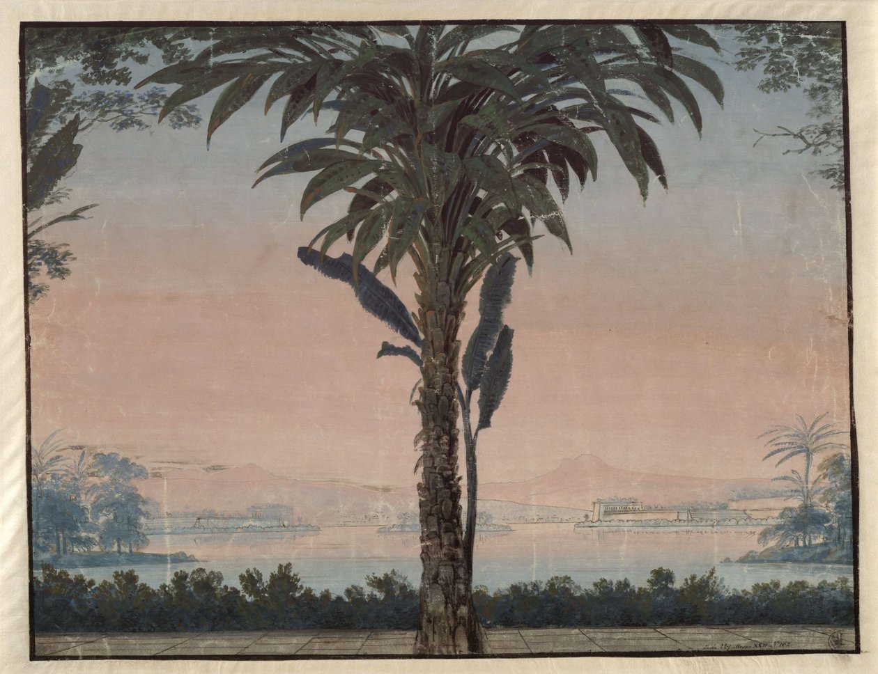 Atalia. Opera Johanna Nepomuka von Poissla. Projekt 4. dekoracji. Ogród arcykapłana z wielką palmą przed taflą wody autorstwa Karl Friedrich Schinkel