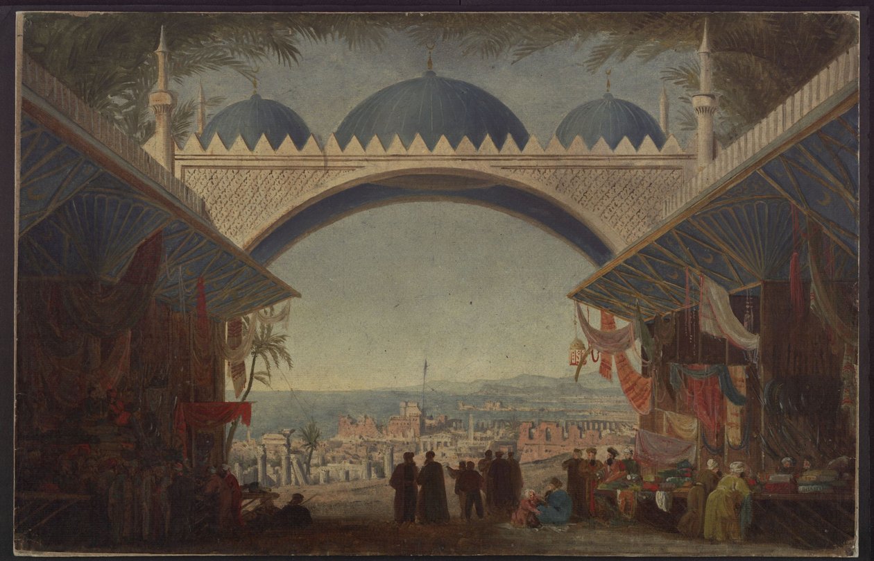 Aucassin i Nicolette. Opera Georga Abrahama Schneidera. Projekt 5. dekoracji. Bazar w Tunisie autorstwa Karl Friedrich Schinkel