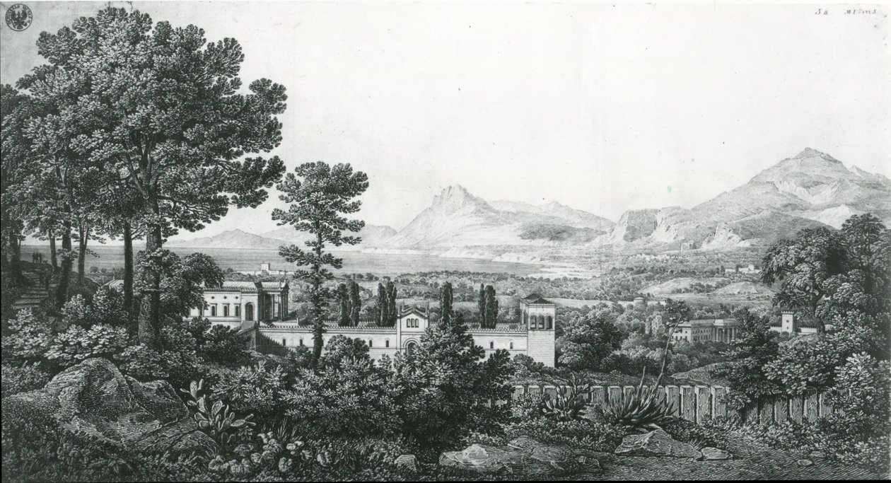 „Widok z pałacu księcia Valguarnera na część Bagherii koło Palermo i Zatokę Cefalù” autorstwa Karl Friedrich Schinkel
