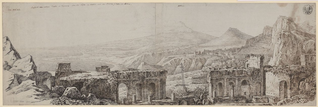 „Widok z antycznego teatru w Taorminie na wybrzeże Katanii i Monte Gibello, czyli Etnę” autorstwa Karl Friedrich Schinkel