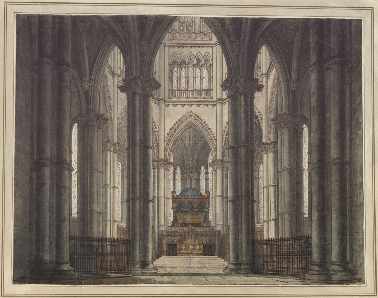 Axel i Walburg. Tragedia Adama Oehlenschlägera. Projekt dekoracji. Wnętrze kościoła-grobowca autorstwa Karl Friedrich Schinkel