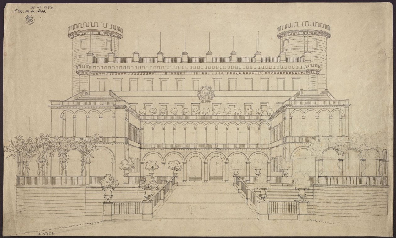 Bad Muskau. Pałac. Pierwsza propozycja przebudowy. Widok elewacji południowej autorstwa Karl Friedrich Schinkel