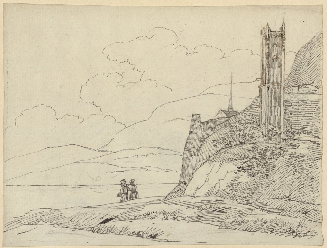 Krajobraz górski z ruinami wieży i postaciami autorstwa Karl Friedrich Schinkel