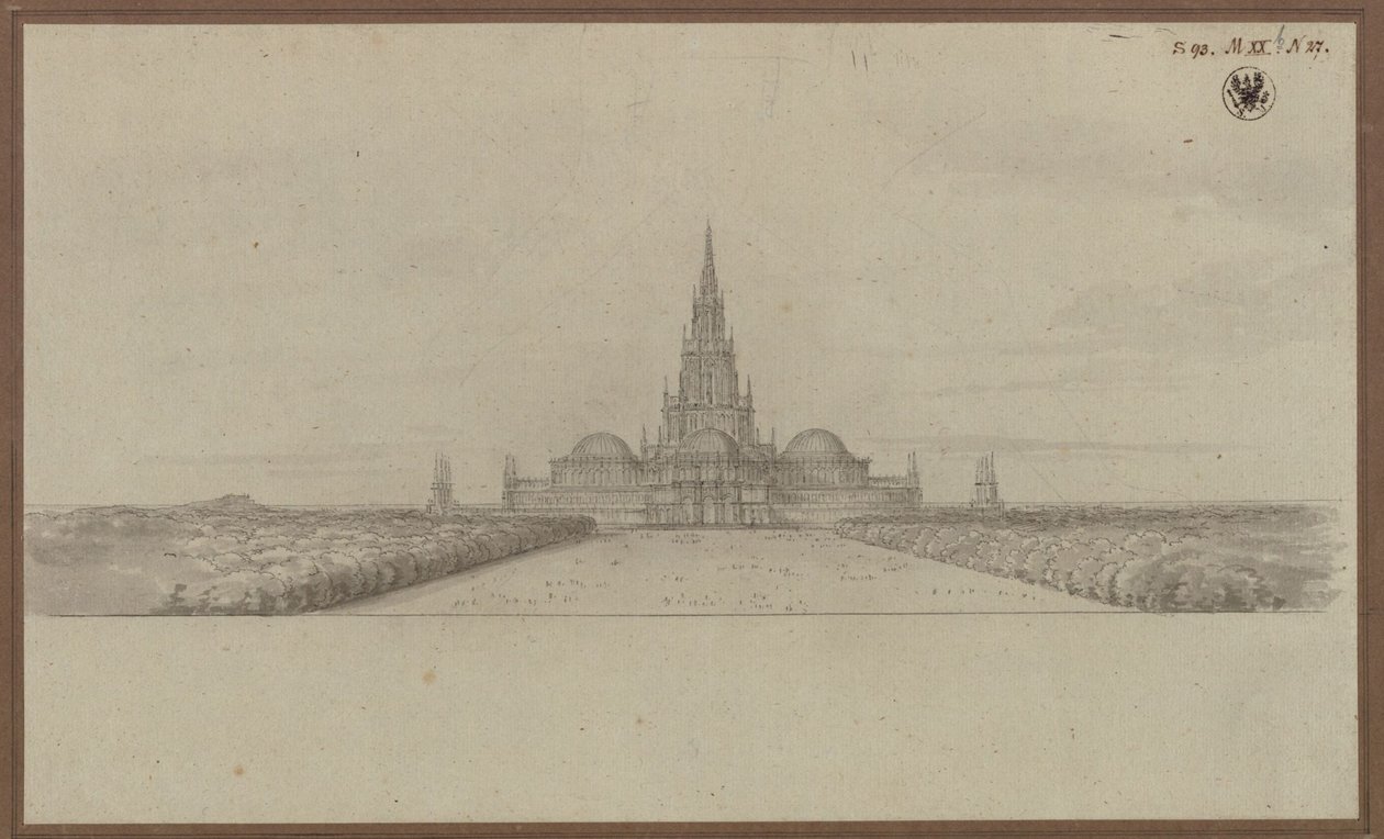 Berlin. Projekt katedry jako pomnika wojen wyzwoleńczych (Katedra Wyzwolenia), z wieżą na skrzyżowaniu naw i kopułami nad ramionami transeptu autorstwa Karl Friedrich Schinkel