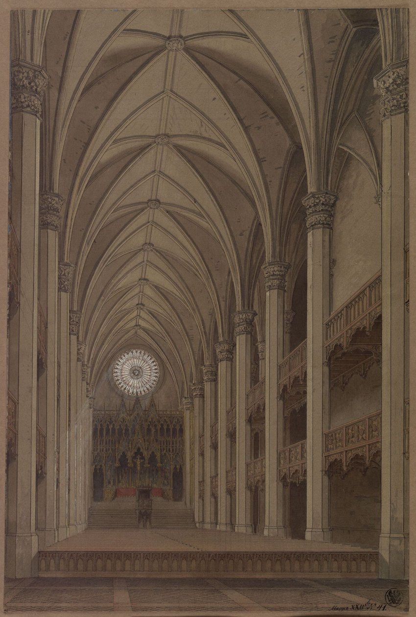 Berlin. Kościół św. Piotra. Projekt odbudowy w stylu gotyckim. Widok wnętrza z perspektywy ołtarza autorstwa Karl Friedrich Schinkel