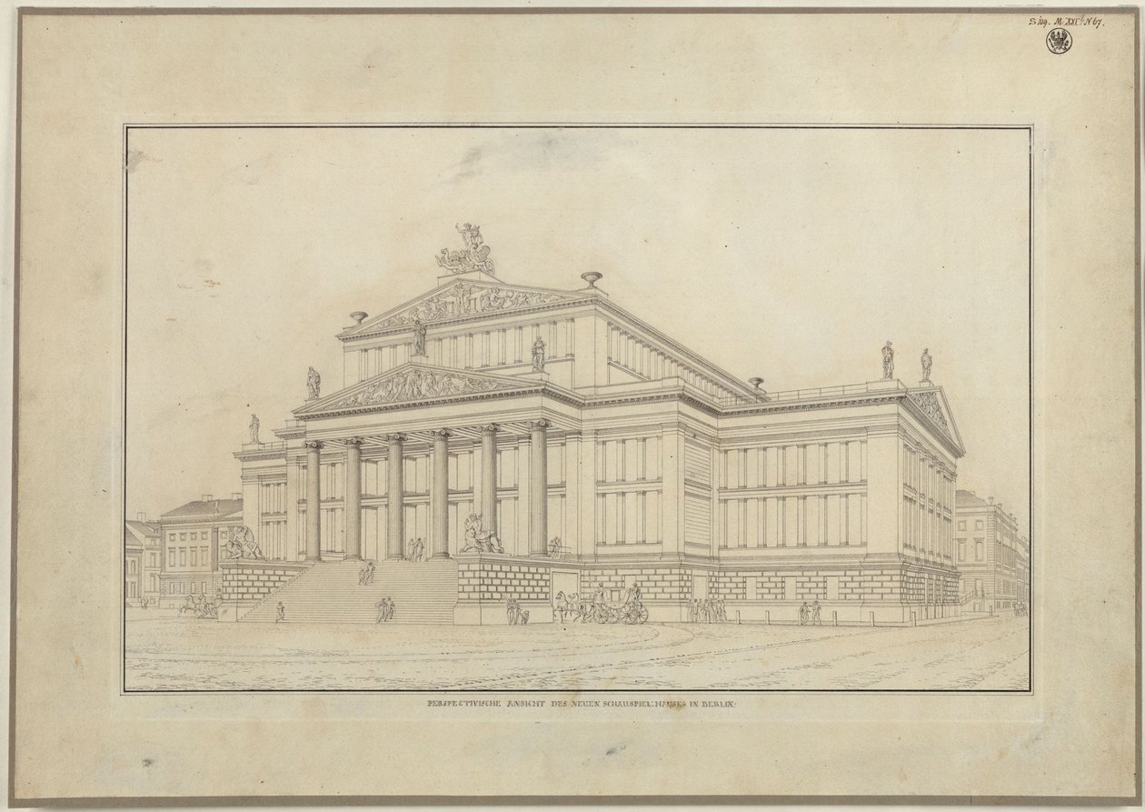 Berlin. Teatr na Gendarmenmarkt. Perspektywiczny widok fasady autorstwa Karl Friedrich Schinkel
