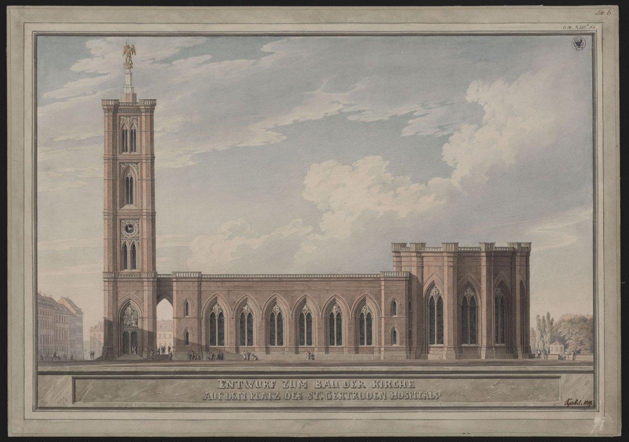 Berlin, Spittelmarkt. Projekt kościoła św. Gertrudy. Widok zewnętrzny autorstwa Karl Friedrich Schinkel