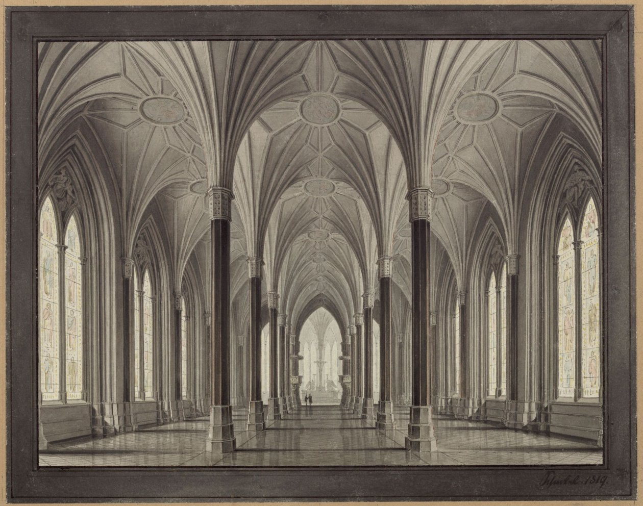 Berlin, Spittelmarkt. Projekt kościoła św. Gertrudy. Widok wnętrza, przez nawę ku chórowi autorstwa Karl Friedrich Schinkel