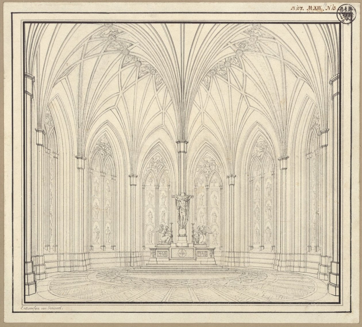Berlin, Spittelmarkt. Projekt kościoła św. Gertrudy. Widok wnętrza chóru autorstwa Karl Friedrich Schinkel
