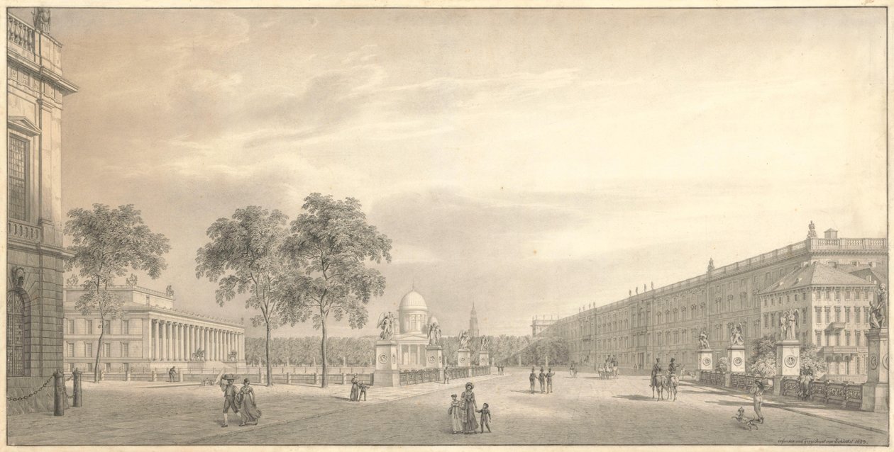 Berlin, Unter den Linden. Widok na Lustgarten wraz z mostem Schlossbrücke, Starym Muzeum, katedrą i pałacem autorstwa Karl Friedrich Schinkel