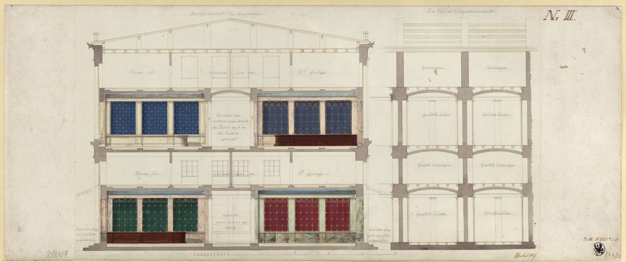 Berlin, Unter den Linden. Projekt domu towarowego. Dwa przekroje autorstwa Karl Friedrich Schinkel