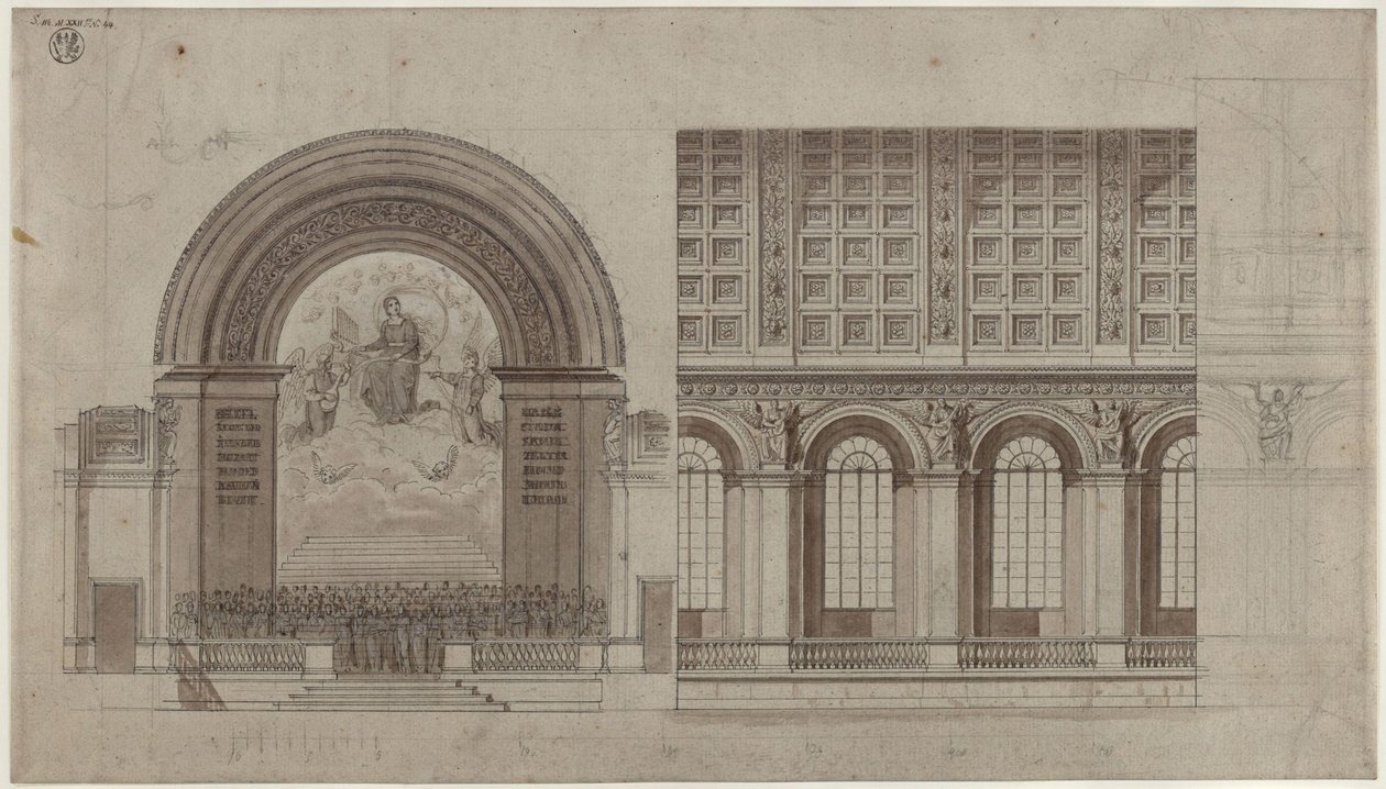 Berlin, Unter den Linden. Projekt sali dla Sing-Akademie w tylnym skrzydle Akademii Sztuk. Przekrój poprzeczny i podłużny autorstwa Karl Friedrich Schinkel