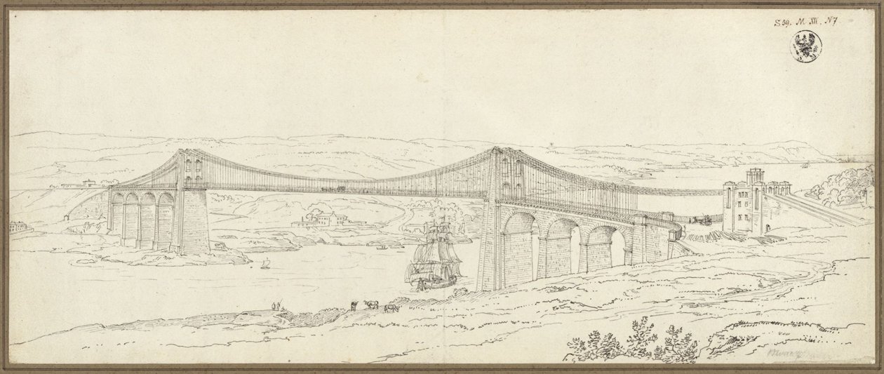 Widok na most wiszący nad cieśniną Menai koło Bangor w Walii autorstwa Karl Friedrich Schinkel