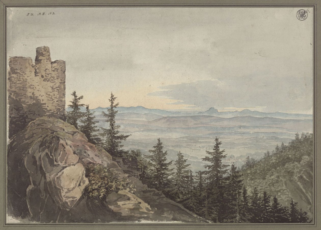 Widok z ruin Geiersburga na równinę Teplitz z klasztorem Maria Schein, w tle góry czeskie autorstwa Karl Friedrich Schinkel
