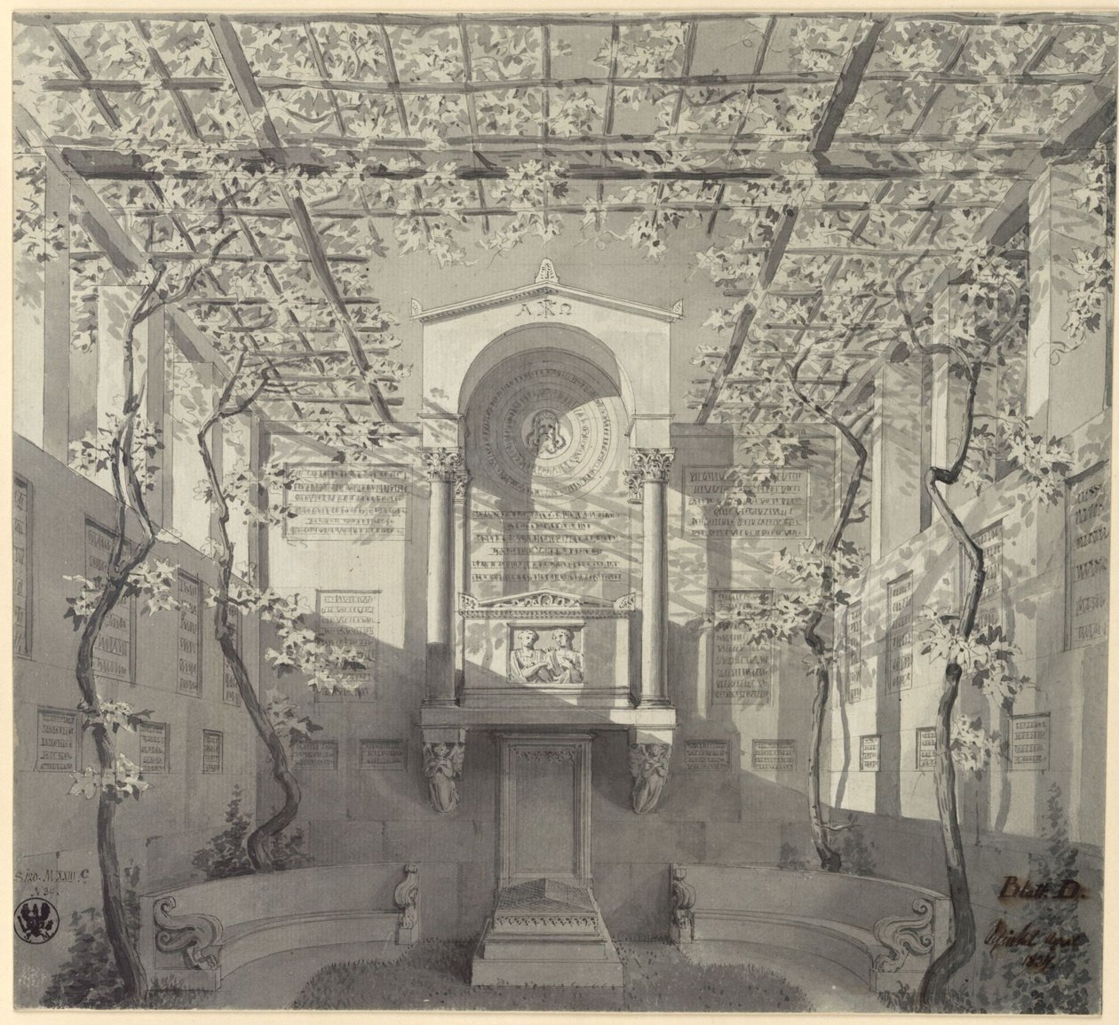Bonn. Projekt pomnika nagrobnego Bartholda Georga Niebuhr, z pergolą autorstwa Karl Friedrich Schinkel