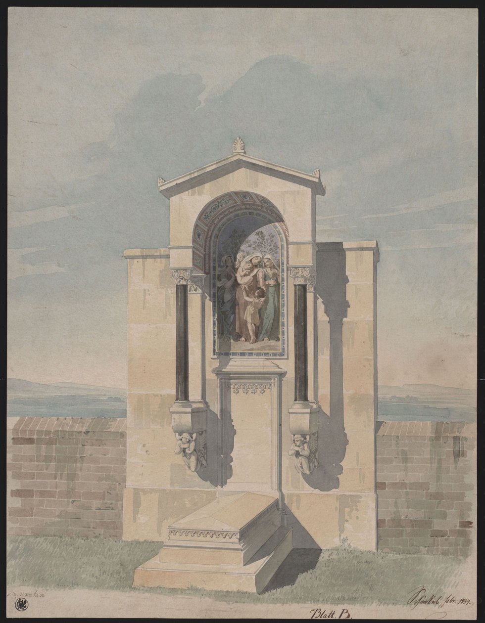 Bonn. Projekt pomnika nagrobnego dla Bartholda Georga Niebuhra, z przedstawieniem cnót chrześcijańskich „Wiara, Miłość, Nadzieja” autorstwa Karl Friedrich Schinkel