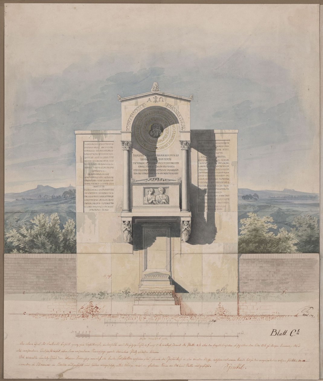 Bonn. Projekt pomnika nagrobnego dla Bartholda Georga Niebuhra, z reliefowym portretem małżonków autorstwa Karl Friedrich Schinkel
