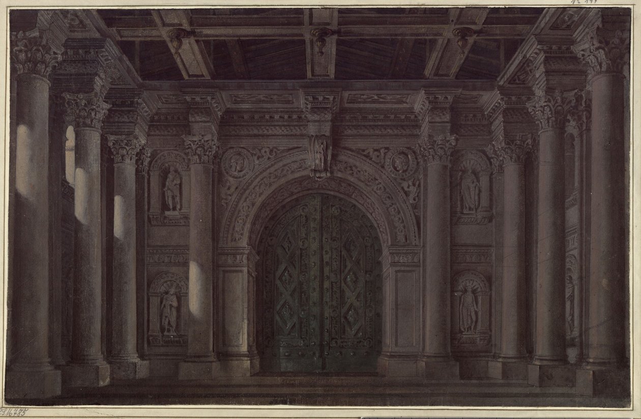 Narzeczona z Messyny. Tragedia Friedricha Schillera. Projekt do 1. i ostatniej dekoracji. Sala z kolumnami i portalem autorstwa Karl Friedrich Schinkel