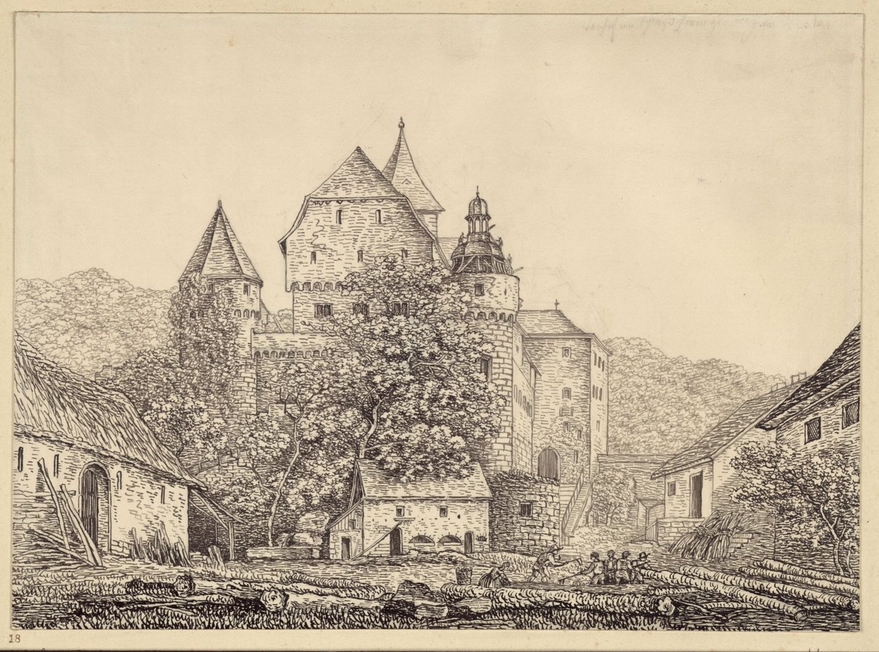 Grupa budynków podobnych do zamku w górskim krajobrazie autorstwa Karl Friedrich Schinkel