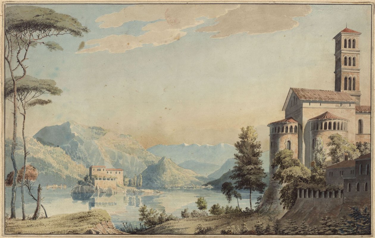Dekoracja do ogólnego użytku. Krajobraz z jeziorem i kościołem autorstwa Karl Friedrich Schinkel