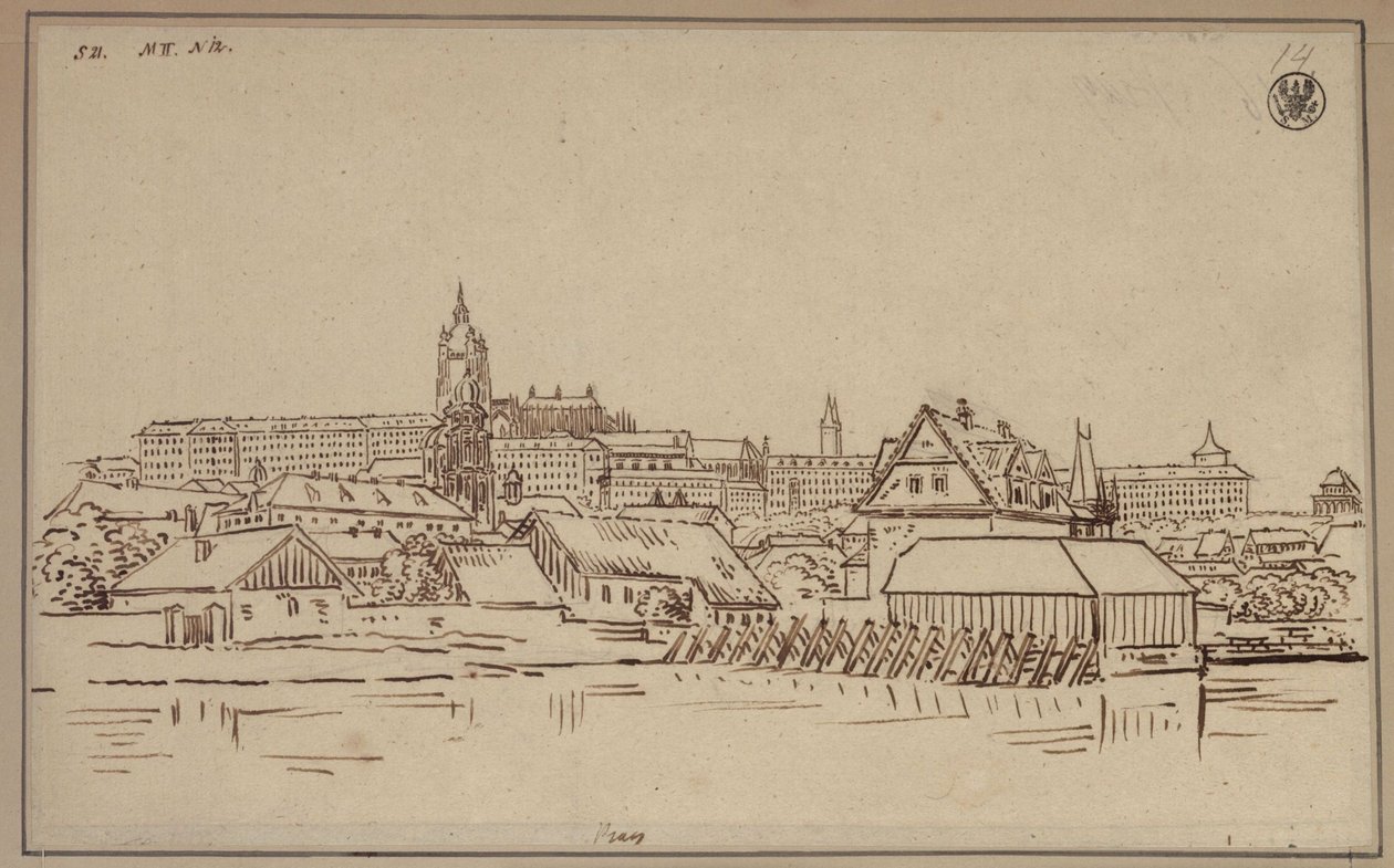 Hradczany w Pradze, na pierwszym planie budowle Małej Strany autorstwa Karl Friedrich Schinkel