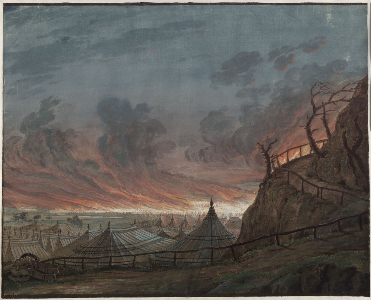 Dziewica Orleańska. Tragedia Fryderyka Schillera. Projekt 4. dekoracji. Płonący obóz Anglików autorstwa Karl Friedrich Schinkel