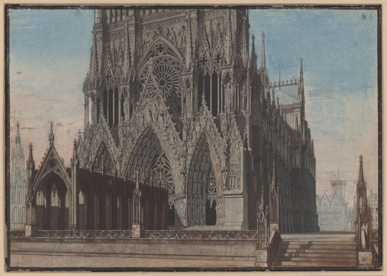 Dziewica Orleańska. Tragedia Friedricha Schillera. Projekt dziewiątej scenografii. Fasada katedry w Reims autorstwa Karl Friedrich Schinkel