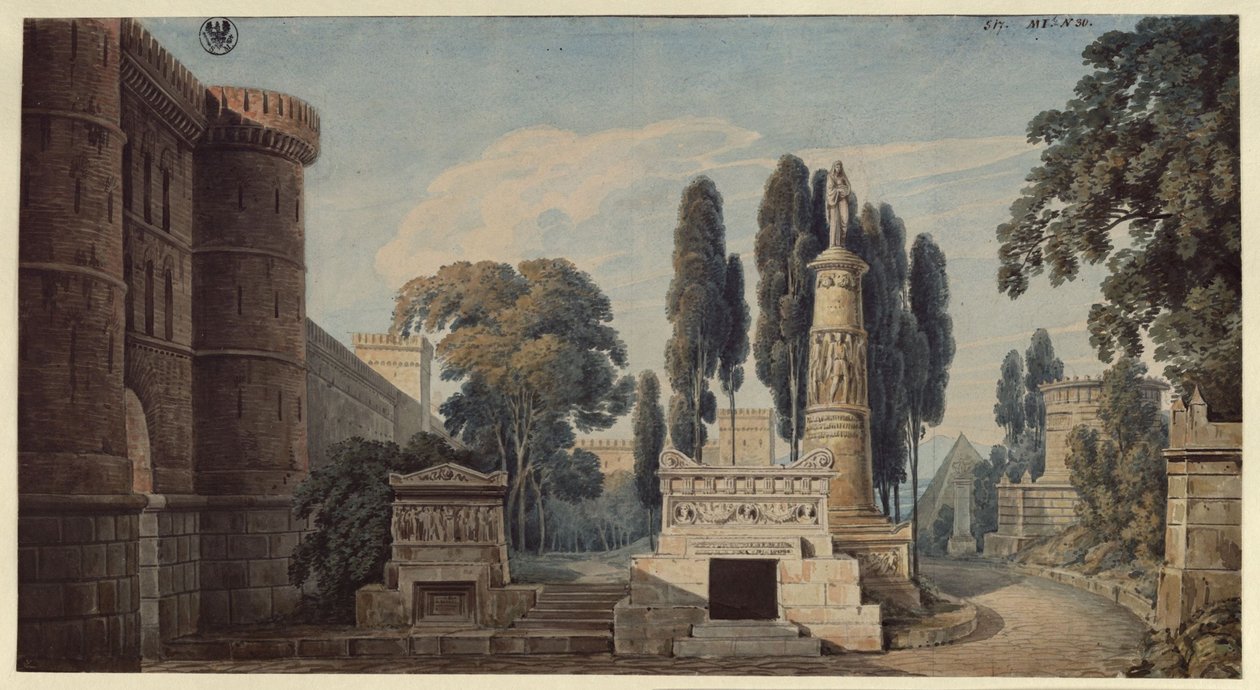 Westalka. Opera Gaspare Spontiniego. Projekt 3. dekoracji. Widok starożytnej rzymskiej ulicy grobowców autorstwa Karl Friedrich Schinkel