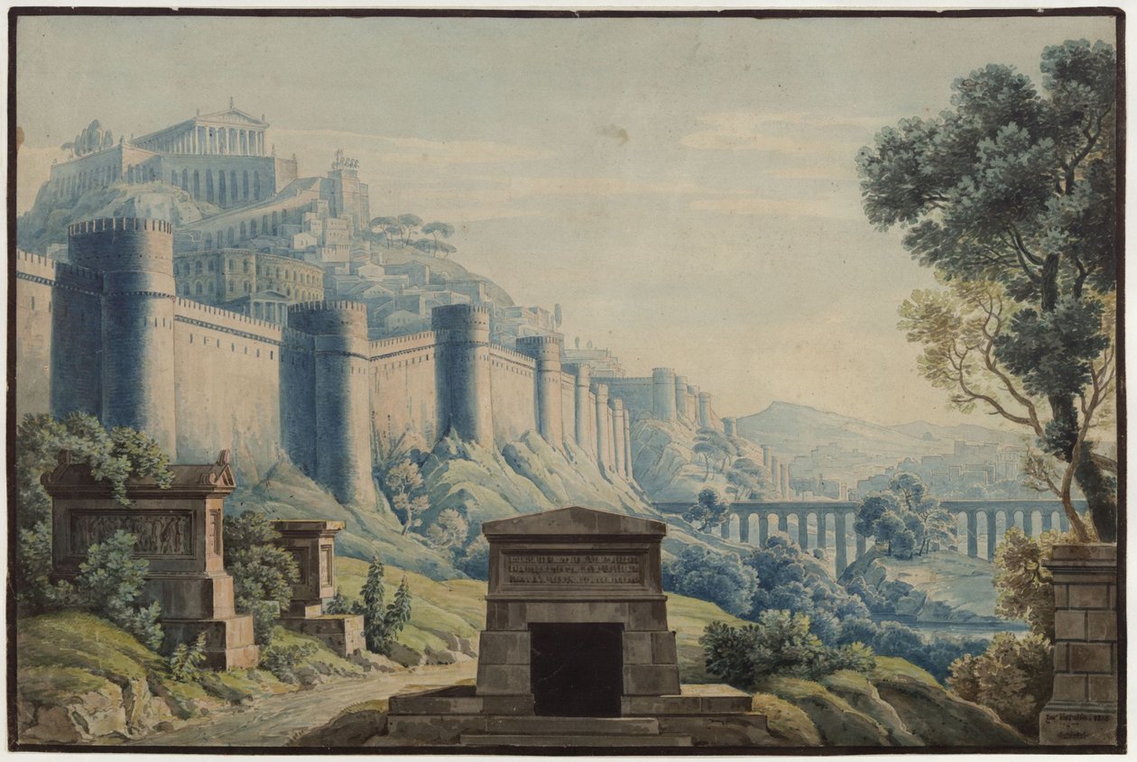 Westalka. Opera Gasparego Spontiniego. Projekt 3. dekoracji. Miasto w stylu antycznym na górze za wysokimi murami autorstwa Karl Friedrich Schinkel