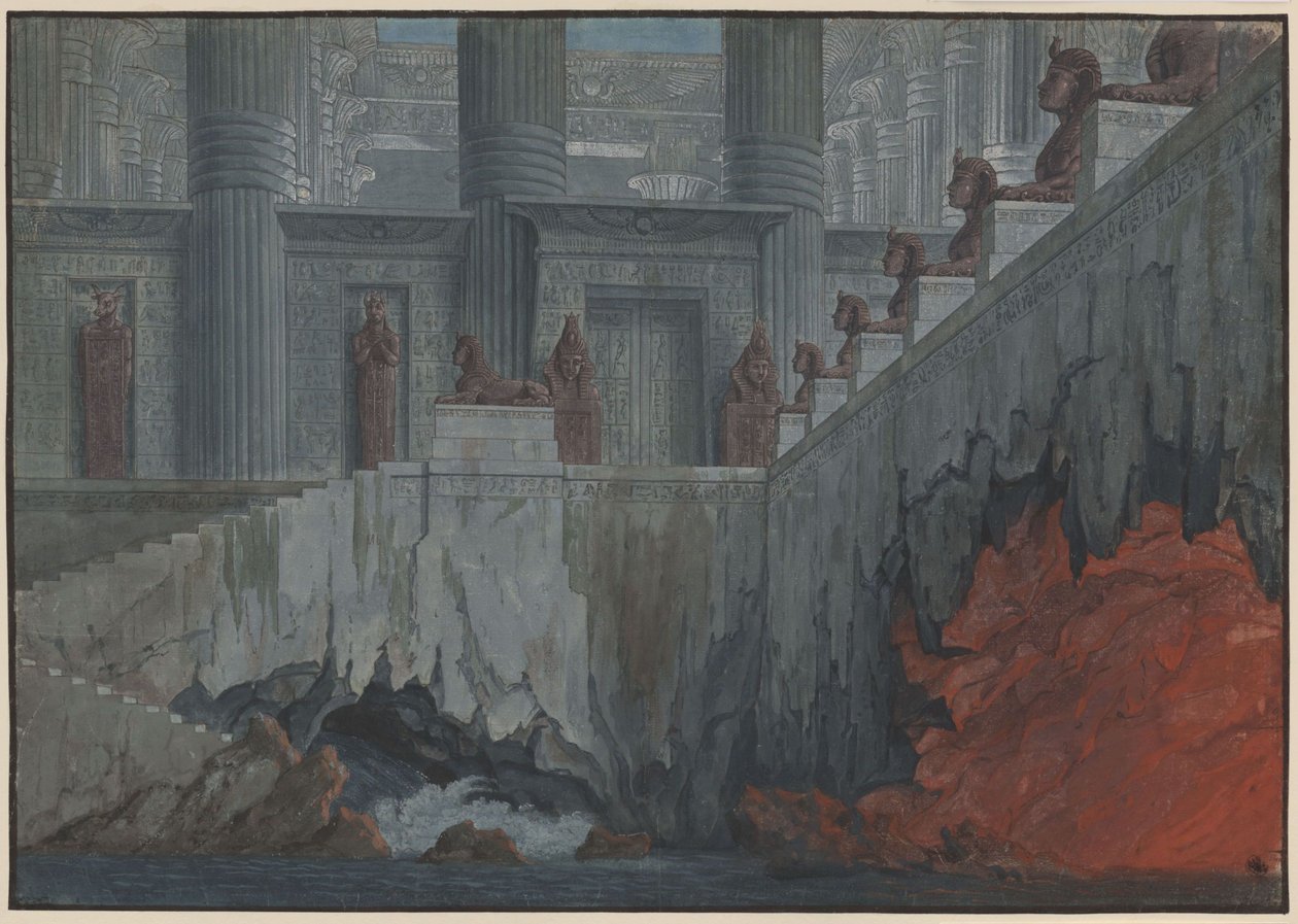 Czarodziejski flet. Opera Wolfganga Amadeusza Mozarta. Projekt 11. dekoracji. Świątynia ognia i wody autorstwa Karl Friedrich Schinkel
