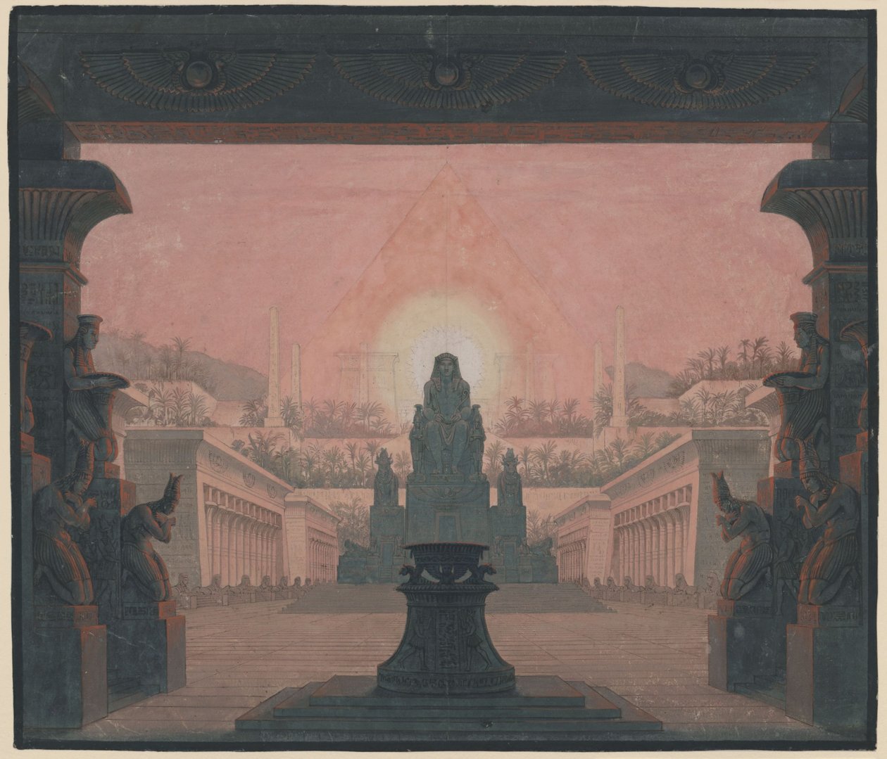 Czarodziejski flet. Opera Wolfganga Amadeusza Mozarta. Projekt 12. dekoracji. Świątynia słońca Sarastra autorstwa Karl Friedrich Schinkel