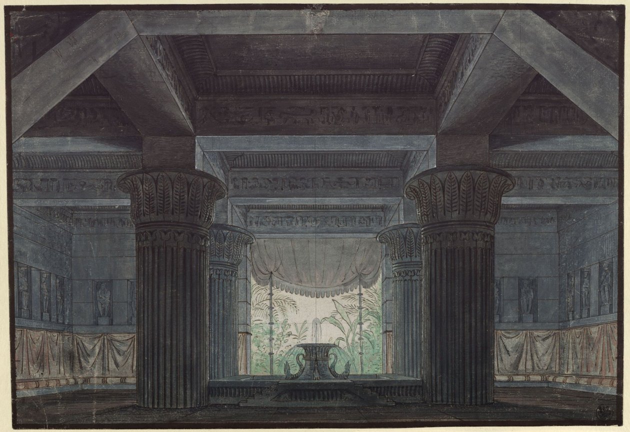 Czarodziejski flet. Opera Wolfganga Amadeusza Mozarta. Projekt 3. dekoracji. Sala w zamku Sarastra autorstwa Karl Friedrich Schinkel