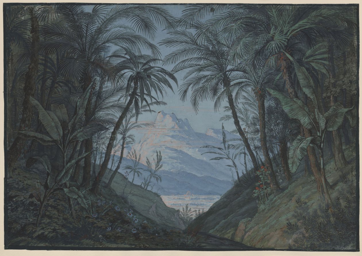 Czarodziejski flet. Opera Wolfganga Amadeusza Mozarta. Projekt piątej scenografii. Gaj palmowy, miejsce zgromadzenia kapłanów autorstwa Karl Friedrich Schinkel