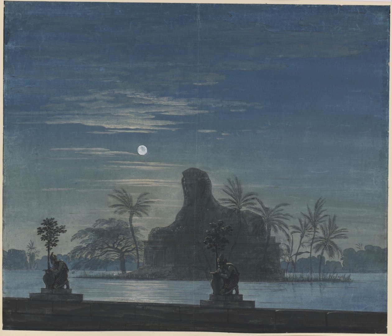 Czarodziejski flet. Opera Wolfganga Amadeusza Mozarta. Projekt siódmej scenografii. Ogród Sarastra ze sfinksem w blasku księżyca autorstwa Karl Friedrich Schinkel